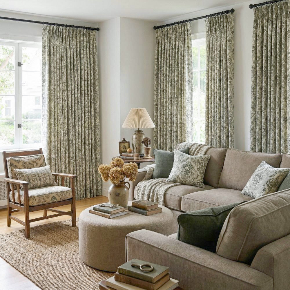 Bonnie Soft Green Velvet Damask Floral Curtains