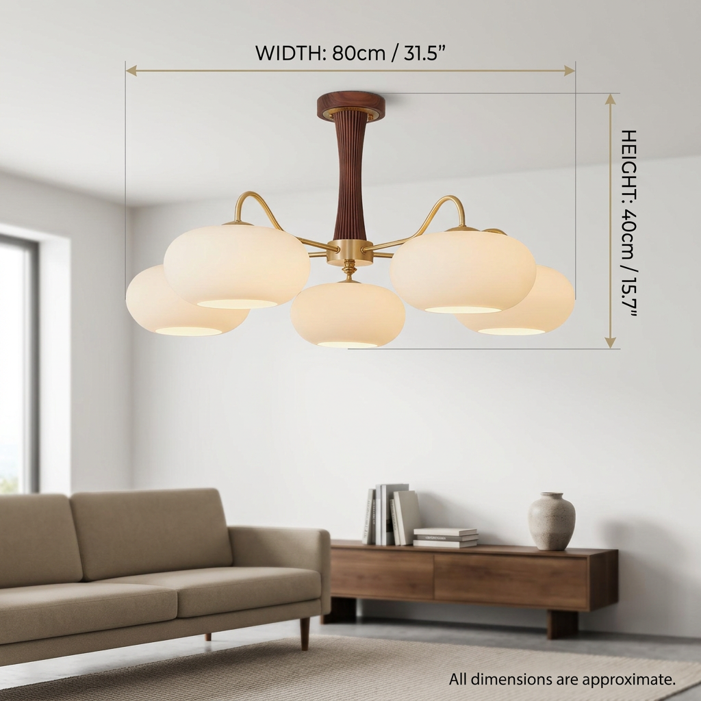 Persimmon Glass Chandelier with Brass Arms | Wood Accent Ceiling Pendant Light