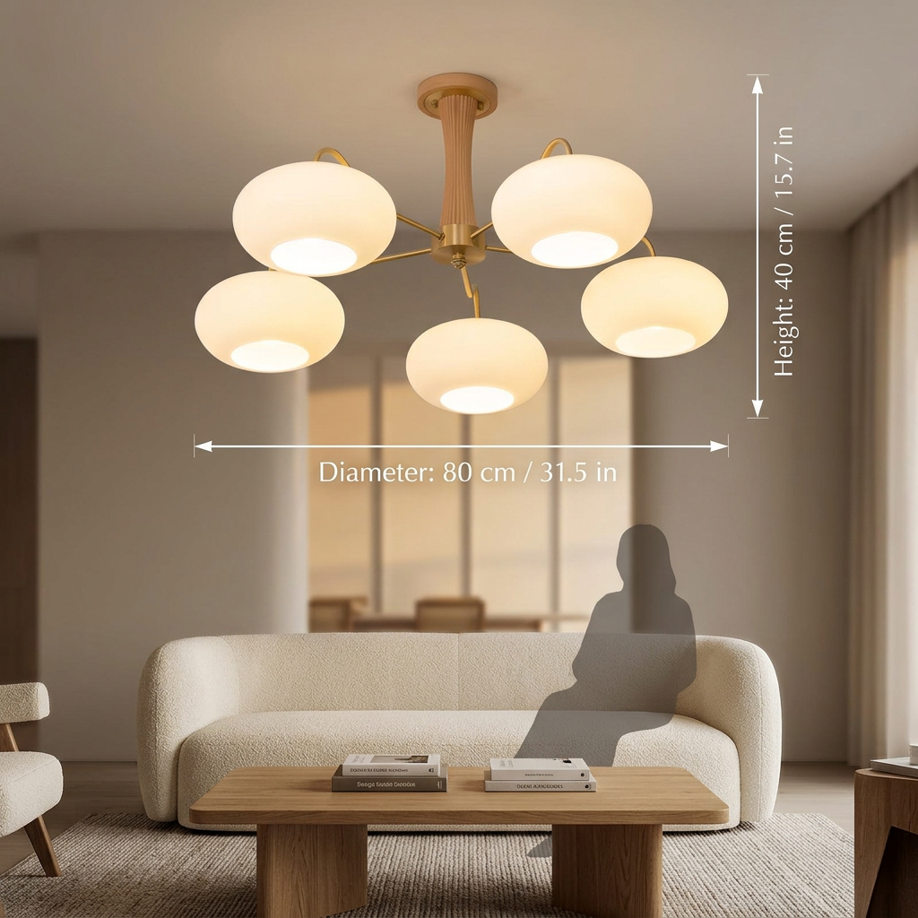 Persimmon Glass Chandelier with Brass Arms | Wood Accent Ceiling Pendant Light
