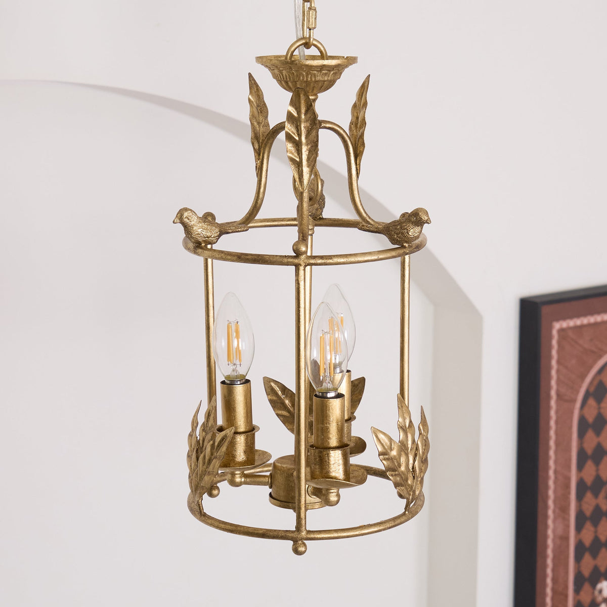 Aviary Series | Iron Lantern Pendant Light with Bird & Leaf Detail for Dining Room