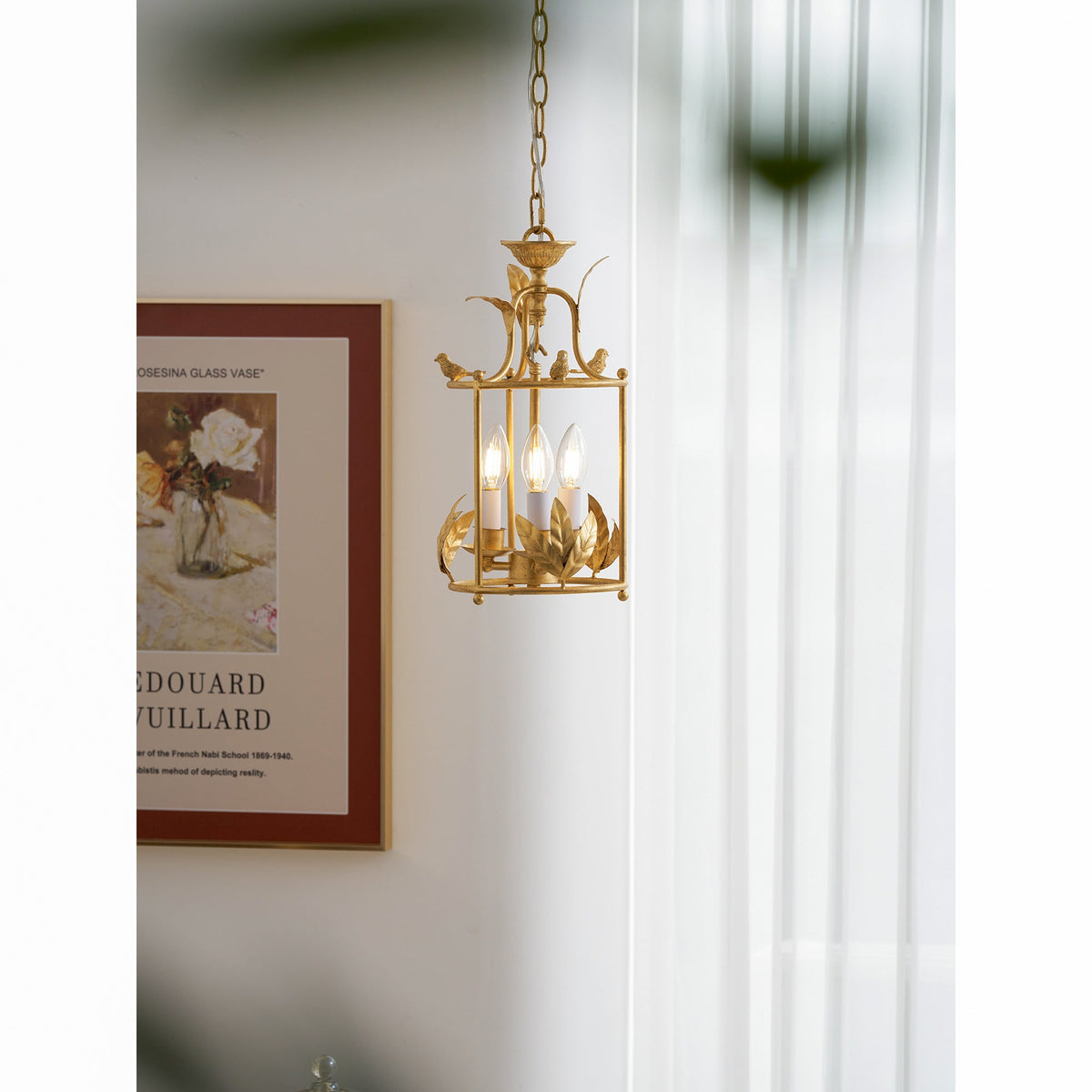 Aviary Series | Iron Lantern Pendant Light with Bird & Leaf Detail for Dining Room