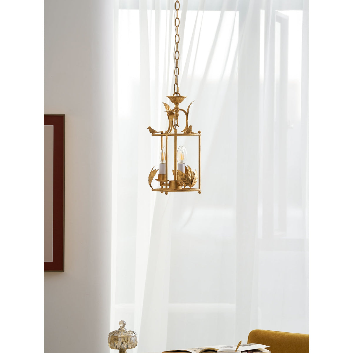 Aviary Series | Iron Lantern Pendant Light with Bird & Leaf Detail for Dining Room