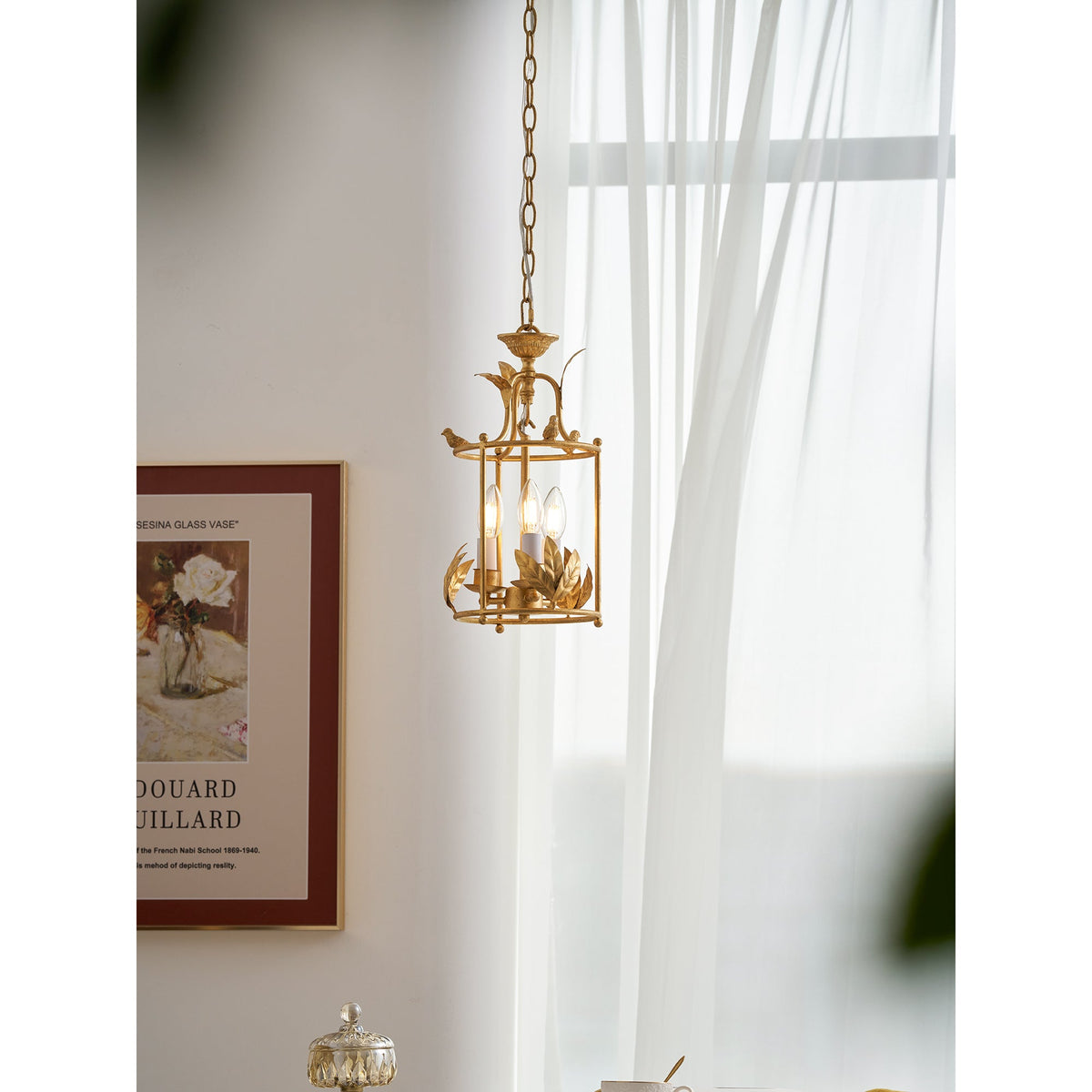 Aviary Series | Iron Lantern Pendant Light with Bird & Leaf Detail for Dining Room