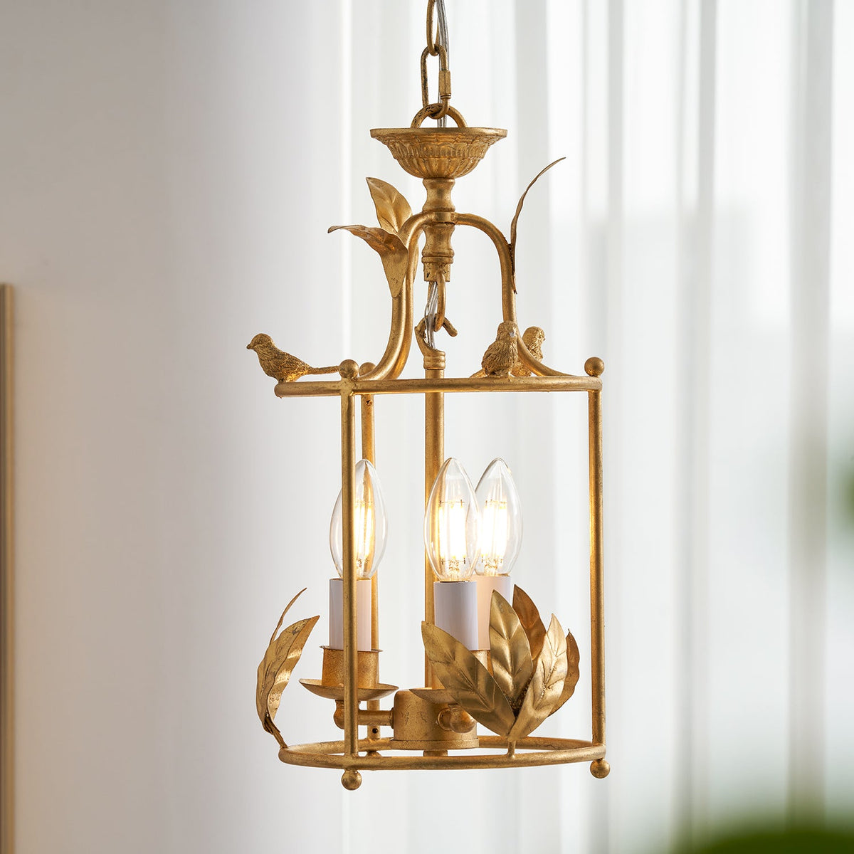 Aviary Series | Iron Lantern Pendant Light with Bird & Leaf Detail for Dining Room