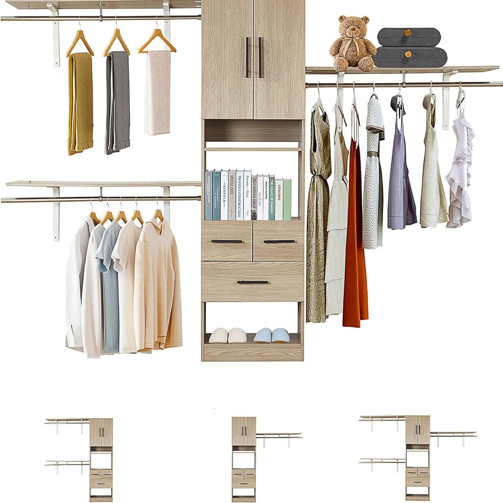 8FT Brown Built-In Closet System with 3 Drawers, 2 Doors, Shelves, Towers & Hanging Rods – Wood Organizer for Bedroom Storage - PRHOMZ