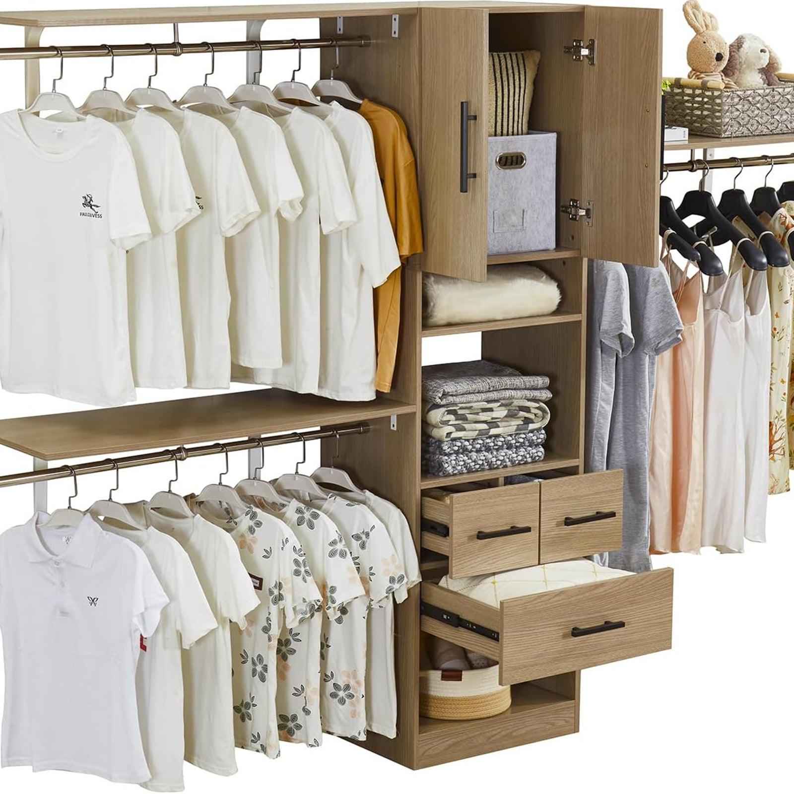 8FT Brown Built-In Closet System with 3 Drawers, 2 Doors, Shelves, Towers & Hanging Rods – Wood Organizer for Bedroom Storage - PRHOMZ