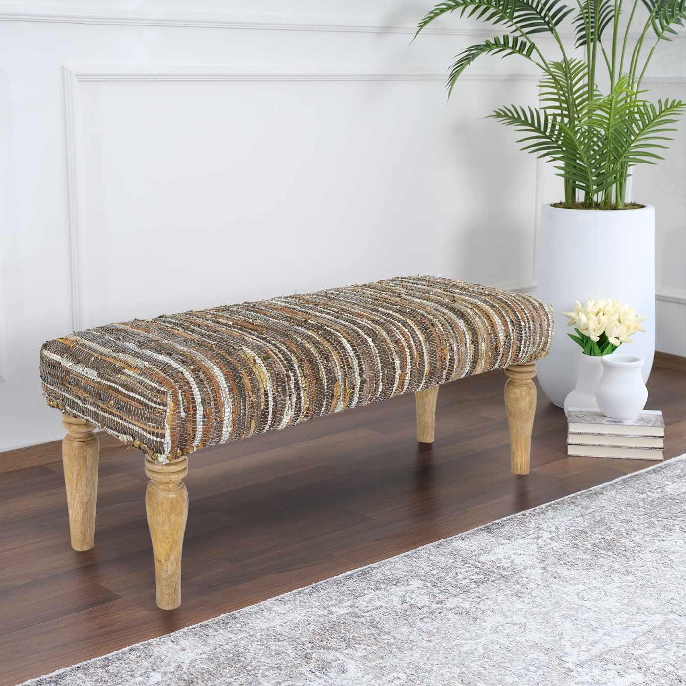 Bustos Leather Striped Wooden Base Bench - PRHOMZ