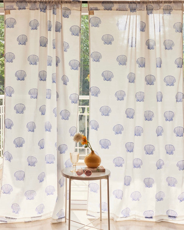 Organic Cotton Seashell Curtains | Hand Block Printed | White and Blue-0