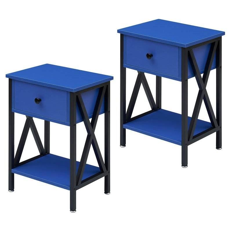 Set of 2 - 1 Drawer Nightstand in Dark Blue and Black - PRHOMZ