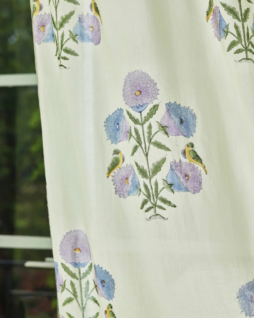 White & Purple Hand Block Printed Linen Curtains | Floral & Bird Design-3