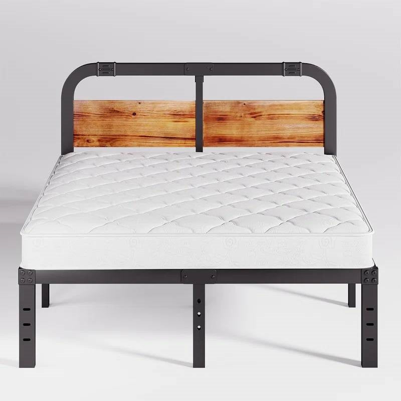 California King Heavy Duty Black Metal Bed Frame with Wood Panel Headboard-0
