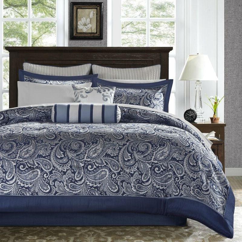 California King 12-piece Reversible Microfiber Comforter Set Navy Blue White - PRHOMZ