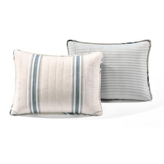 California King Blue Off-White Cream Stripe 3 Piece Reversible Cotton Quilt Set - PRHOMZ