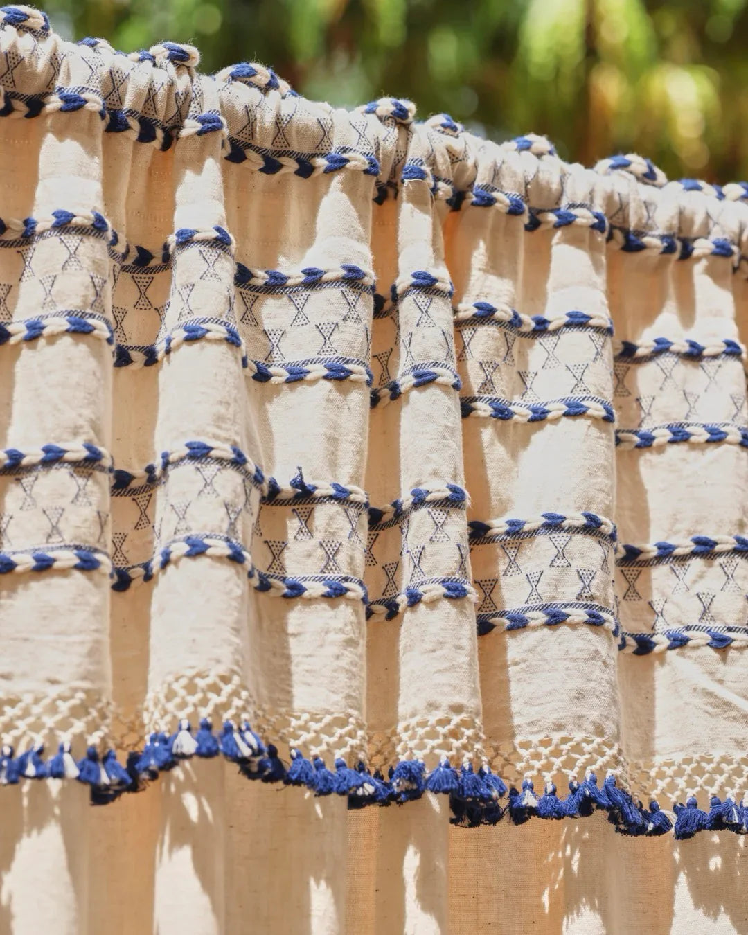 Natural Linen Curtains with Blue Tassels | Rod Pocket-1