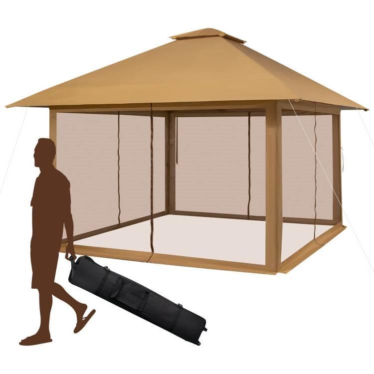 Brown 13 x 13 Ft Pop-Up Gazebo Outdoor Canopy w/ Mesh Mosquito Netting Sidewalls - PRHOMZ