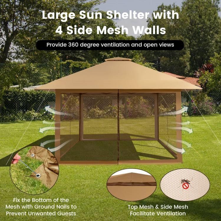 Brown 13 x 13 Ft Pop-Up Gazebo Outdoor Canopy w/ Mesh Mosquito Netting Sidewalls - PRHOMZ