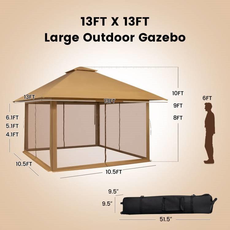 Brown 13 x 13 Ft Pop-Up Gazebo Outdoor Canopy w/ Mesh Mosquito Netting Sidewalls - PRHOMZ