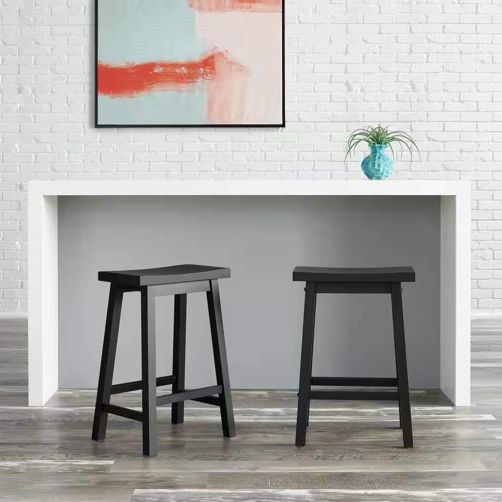 Set of 2 Farmhouse Counter Height Saddle Barstool in Charcoal Black Wood Finish - PRHOMZ
