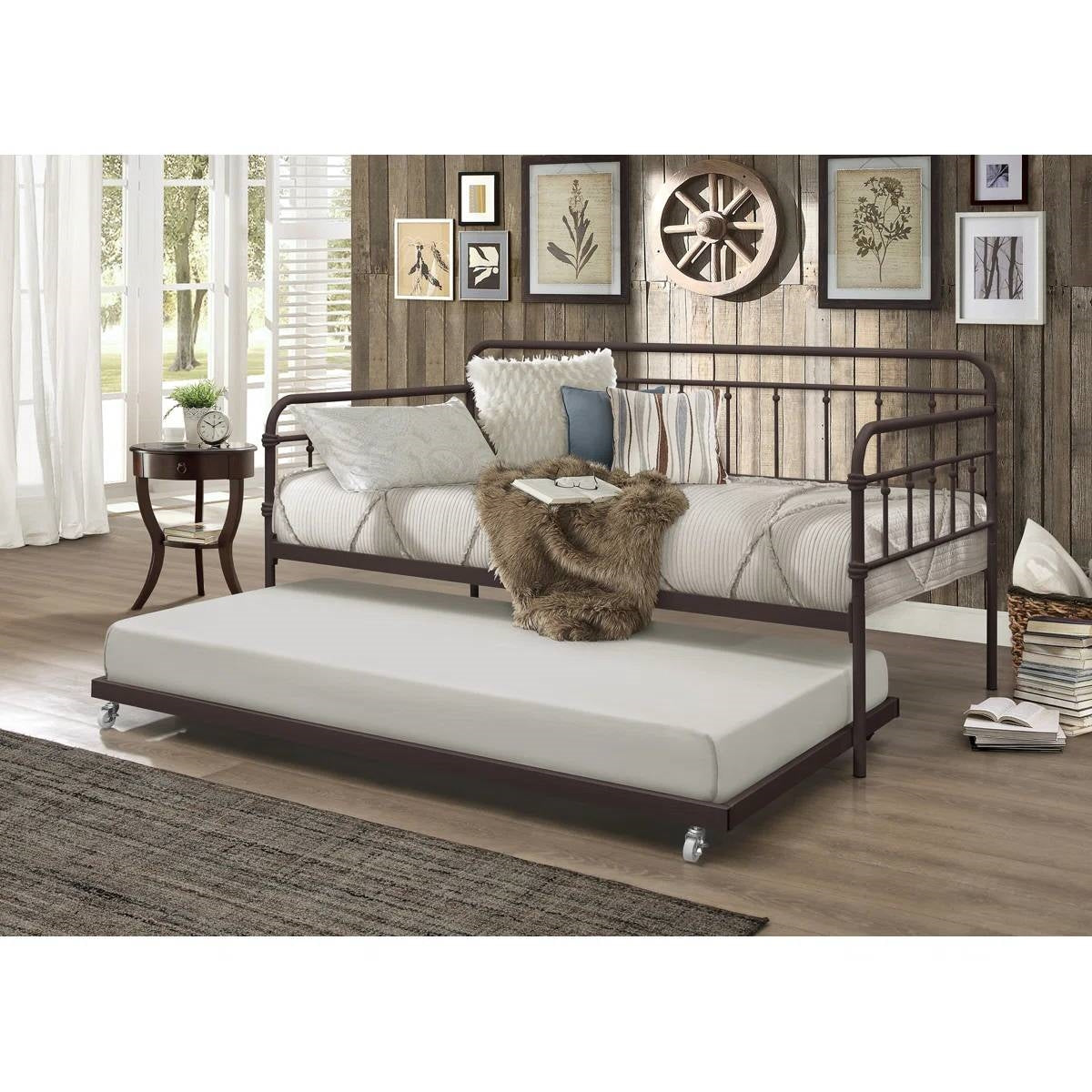 Twin size Rounded Iron Daybed with Roll Out Trundle Bed Frame in Copper Brown-0