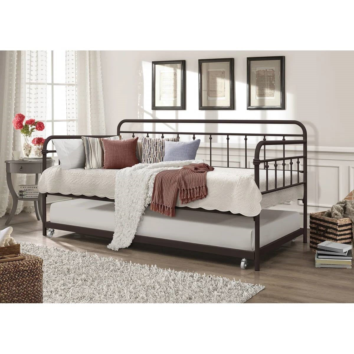 Twin size Rounded Iron Daybed with Roll Out Trundle Bed Frame in Copper Brown-1