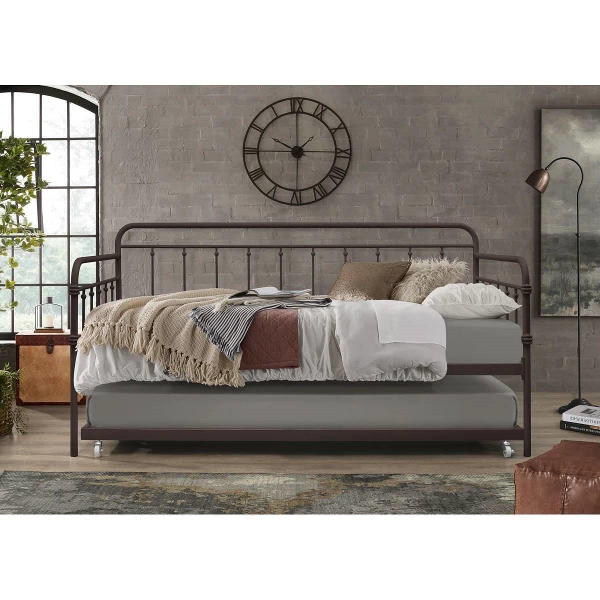 Twin size Rounded Iron Daybed with Roll Out Trundle Bed Frame in Copper Brown-2