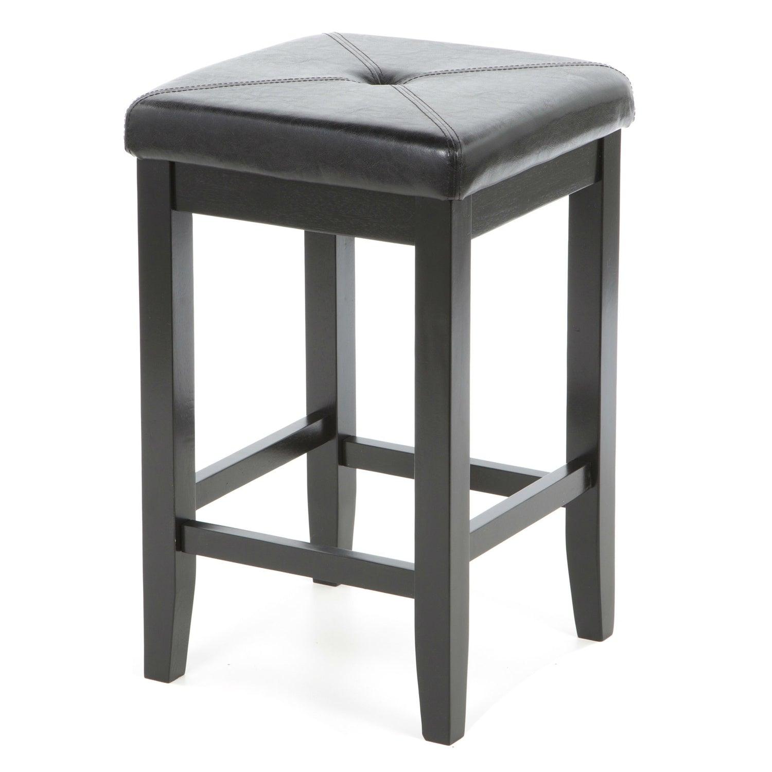 Set of 2 - Black Bar Stools 24-inch High w/ Cushion Faux Leather Seat - PRHOMZ