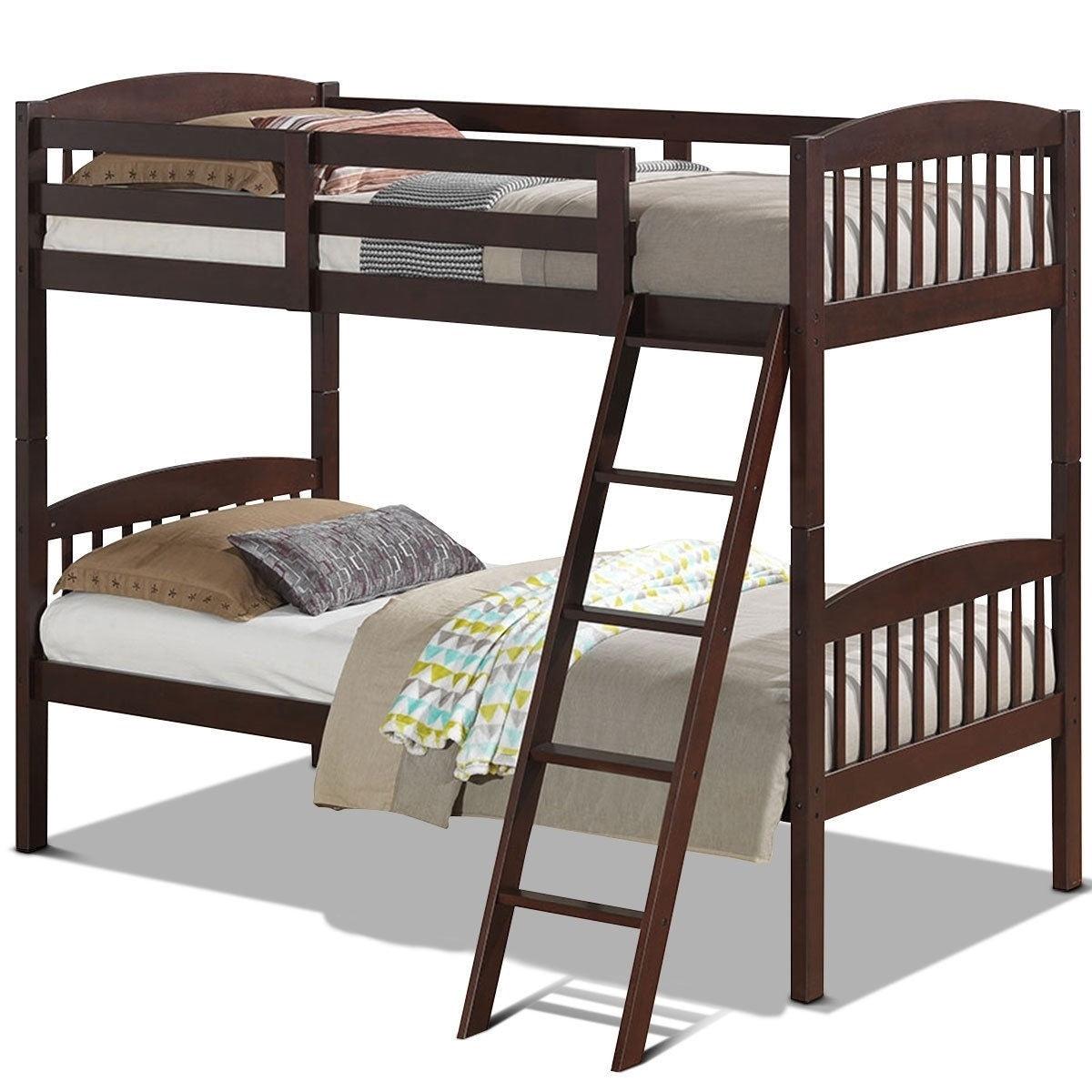 Twin over Twin Wooden Bunk Bed with Ladder in Dark Brown Finish - PRHOMZ