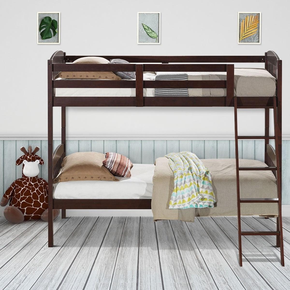 Twin over Twin Wooden Bunk Bed with Ladder in Dark Brown Finish - PRHOMZ