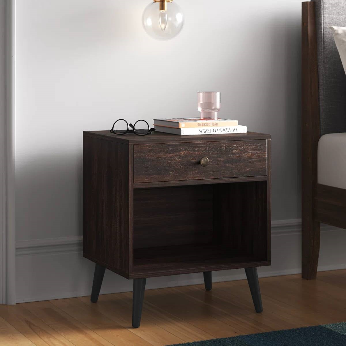 Mid-Century Modern 1-Drawer Nightstand End Table in Dark Brown Wood Finish-1