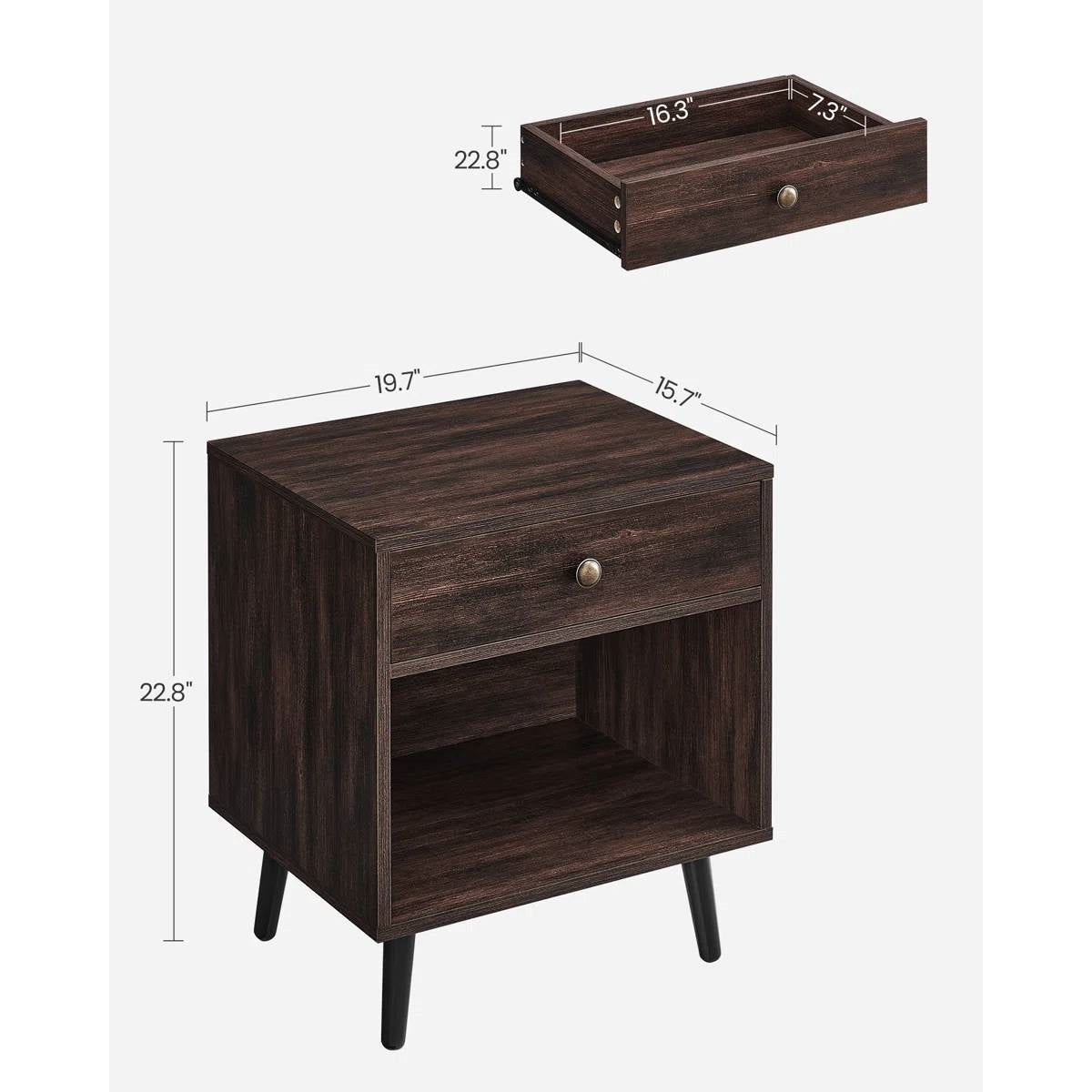 Mid-Century Modern 1-Drawer Nightstand End Table in Dark Brown Wood Finish-4