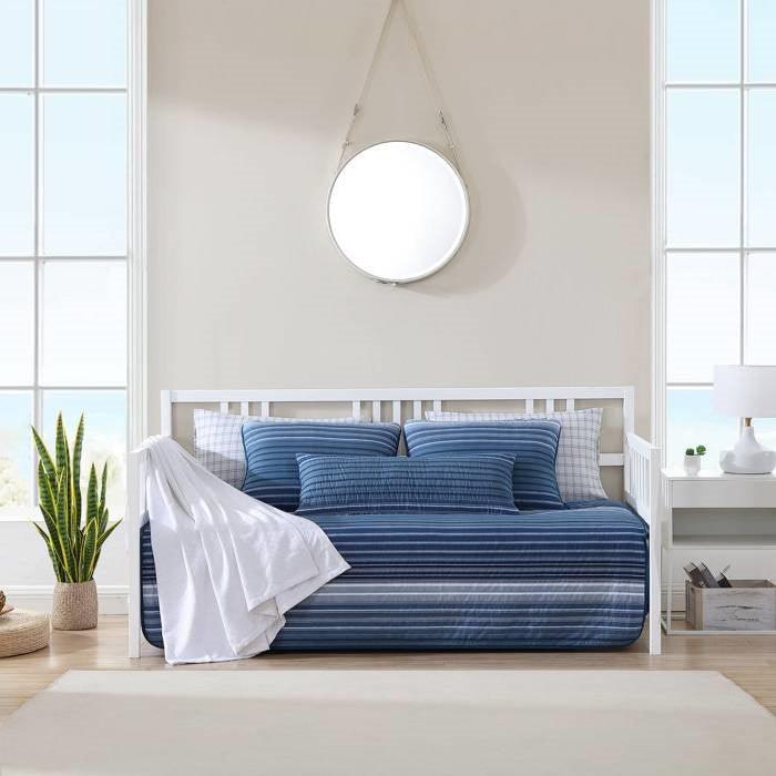 4 Piece Coastal Blue Navy White Stripes Cotton Daybed Cover Bedding Set - PRHOMZ