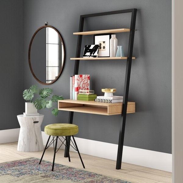 Farmhouse Rustic Oak Black Leaning Ladder Writing Desk 2 Shelves - PRHOMZ