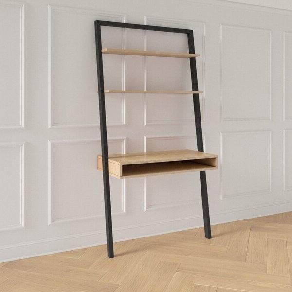 Farmhouse Rustic Oak Black Leaning Ladder Writing Desk 2 Shelves - PRHOMZ