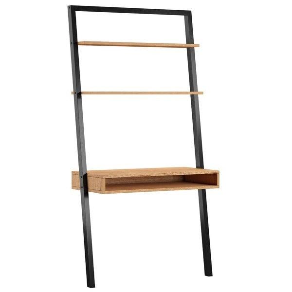 Farmhouse Rustic Oak Black Leaning Ladder Writing Desk 2 Shelves - PRHOMZ