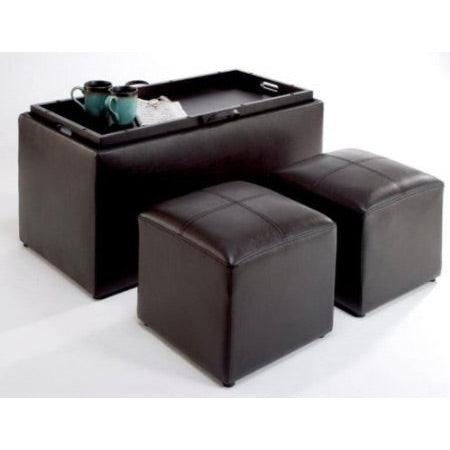 Faux Leather Storage Bench Coffee Table with 2 Side Ottomans - PRHOMZ