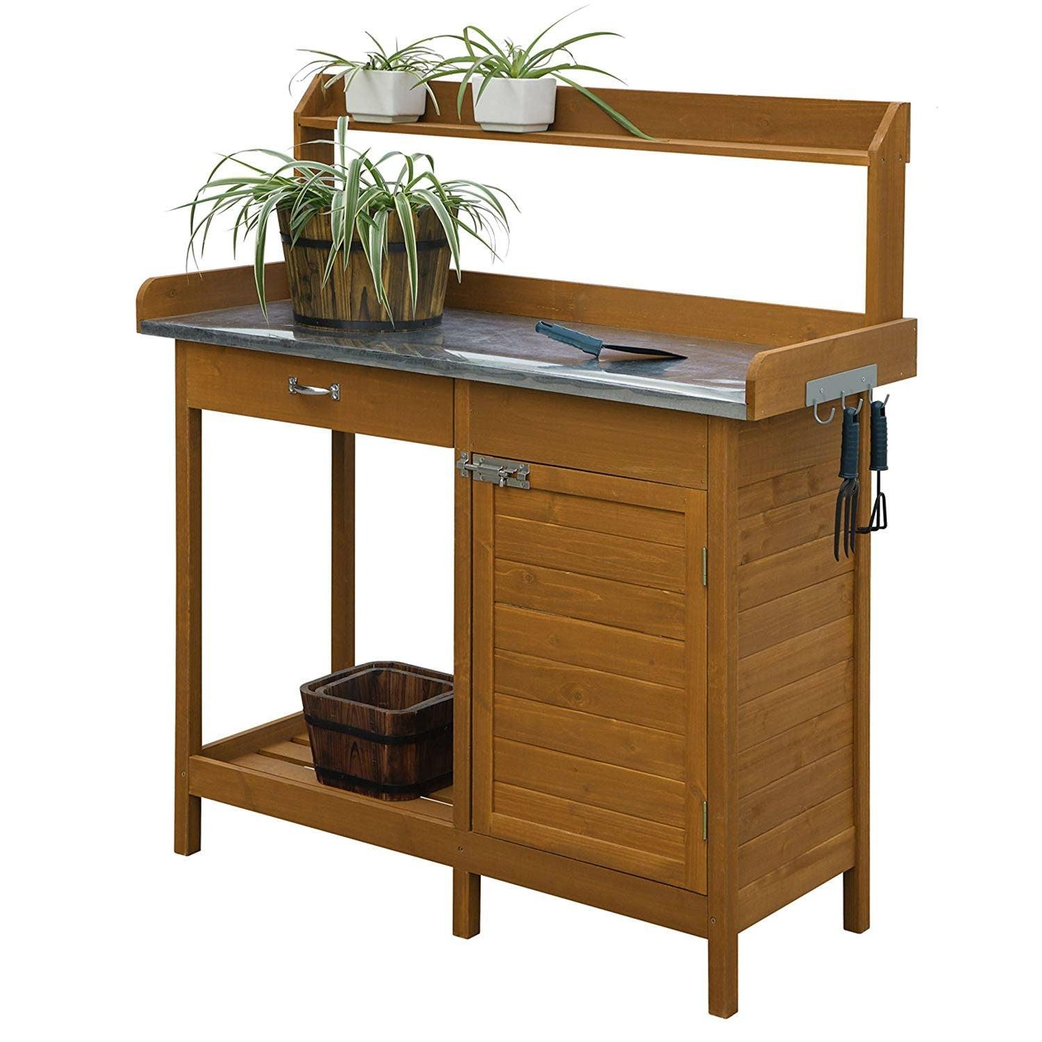 Outdoor Home Garden Potting Bench with Metal Table Top and Storage Cabinet - PRHOMZ