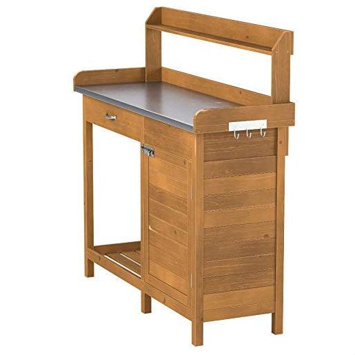Outdoor Home Garden Potting Bench with Metal Table Top and Storage Cabinet - PRHOMZ