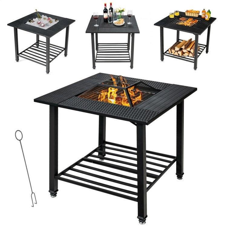 4 in 1 Square Fire Pit, Grill Cooking BBQ Grate, Ice Bucket, Dining Table - PRHOMZ