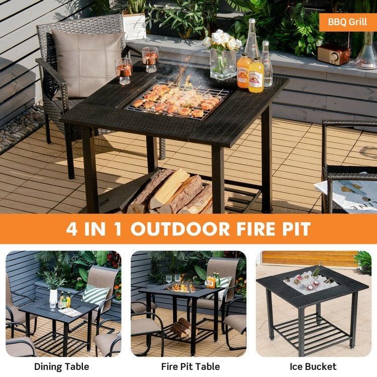 4 in 1 Square Fire Pit, Grill Cooking BBQ Grate, Ice Bucket, Dining Table - PRHOMZ