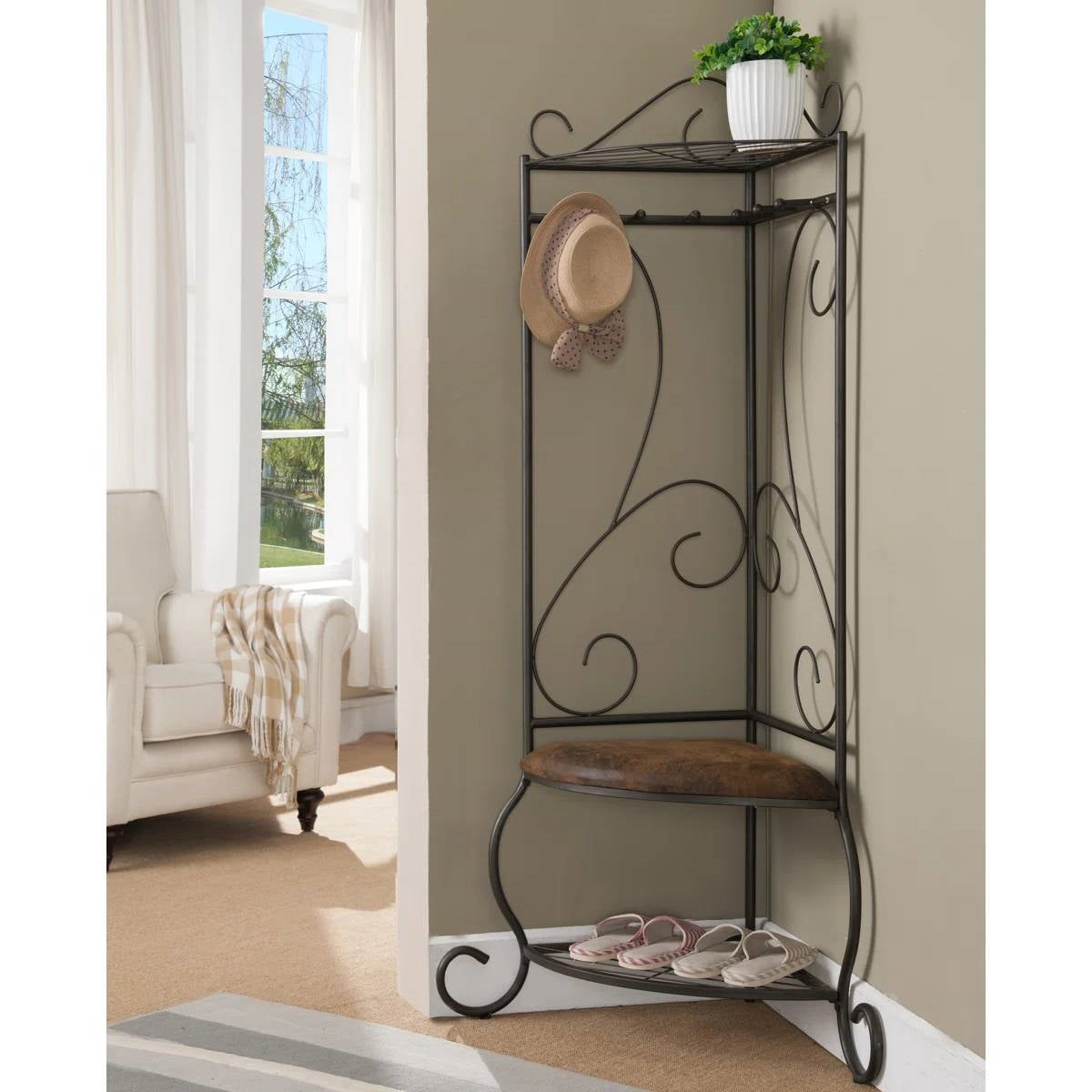 Corner Metal Hall Tree Entryway Coat Rack Upholstered Storage Bench Shoe Rack-0