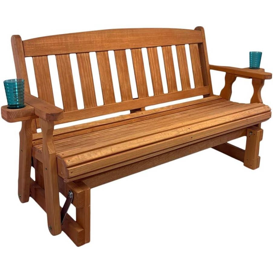 4ft Heavy Duty Porch Glider Bench with Cupholders in Cedar Finish - Made in USA-0