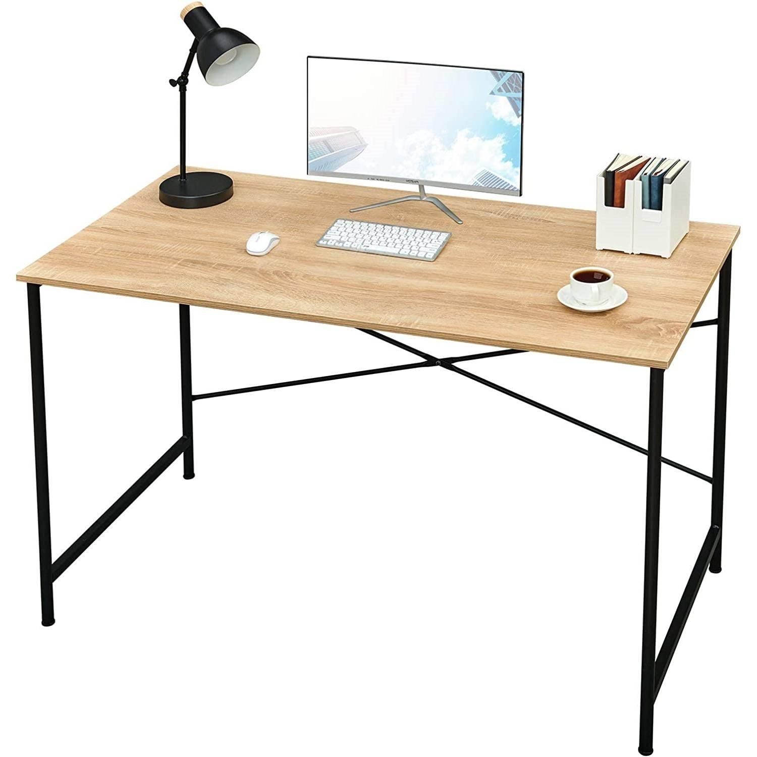 Modern Home Office Computer Desk Table with Black Metal Frame Wood Top in Oak - PRHOMZ