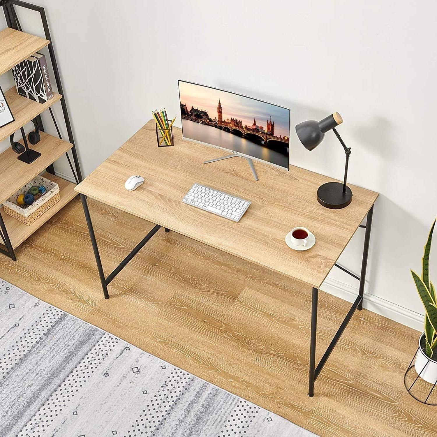 Modern Home Office Computer Desk Table with Black Metal Frame Wood Top in Oak - PRHOMZ