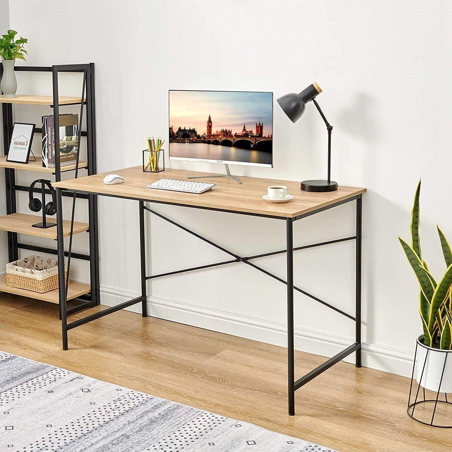 Modern Home Office Computer Desk Table with Black Metal Frame Wood Top in Oak - PRHOMZ