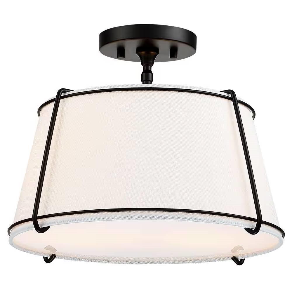 2-Light Round 15-inch White Drum Ceiling Light w/ Black Metal - Semi-Flush Mount - PRHOMZ