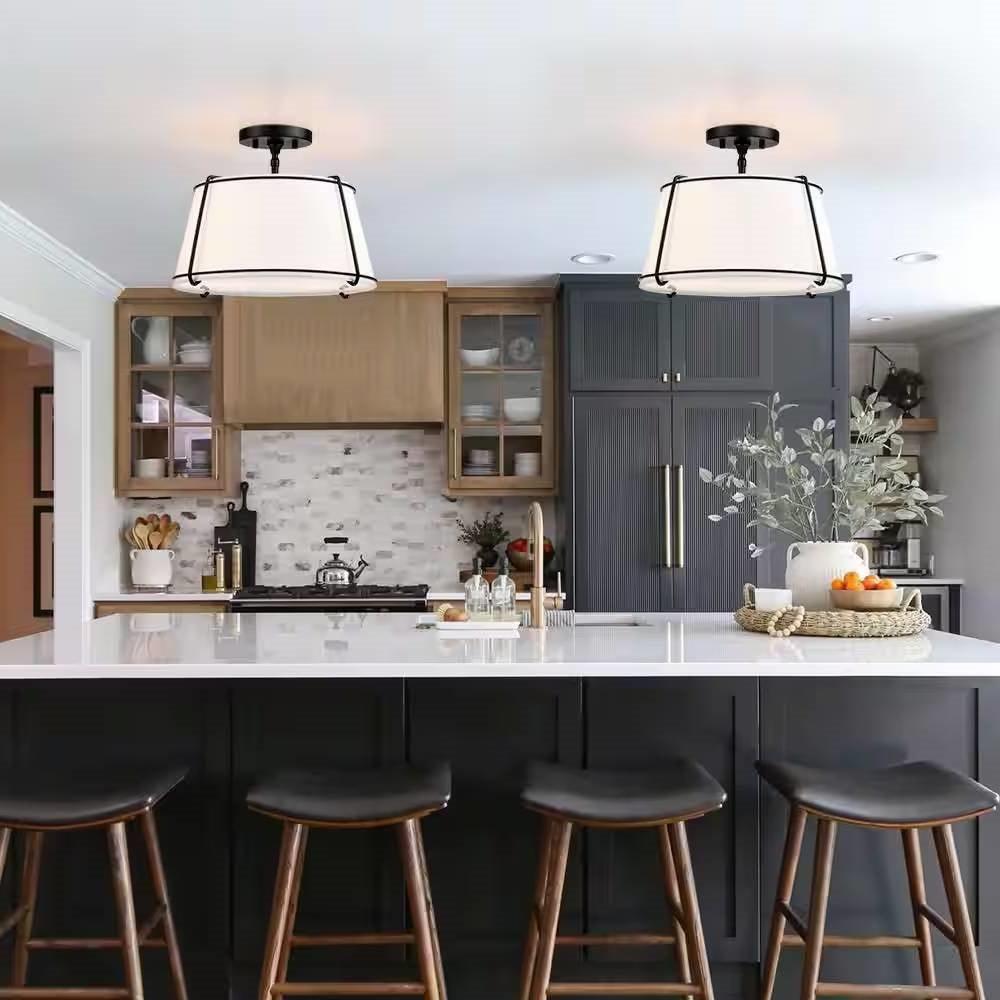 2-Light Round 15-inch White Drum Ceiling Light w/ Black Metal - Semi-Flush Mount - PRHOMZ