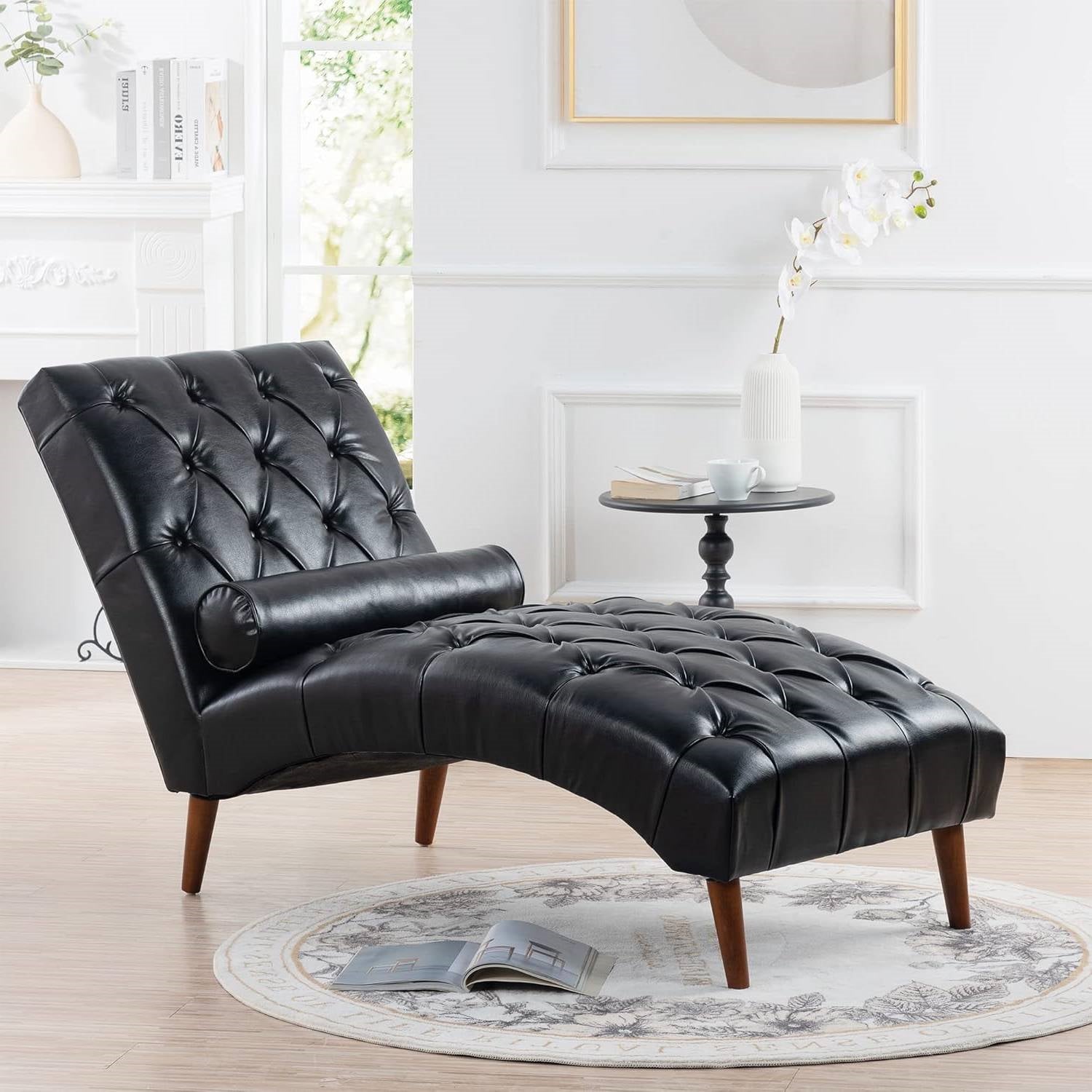 Black Faux Leather Upholstered Armless Chaise Lounge Chair with Lumbar Pillow-0