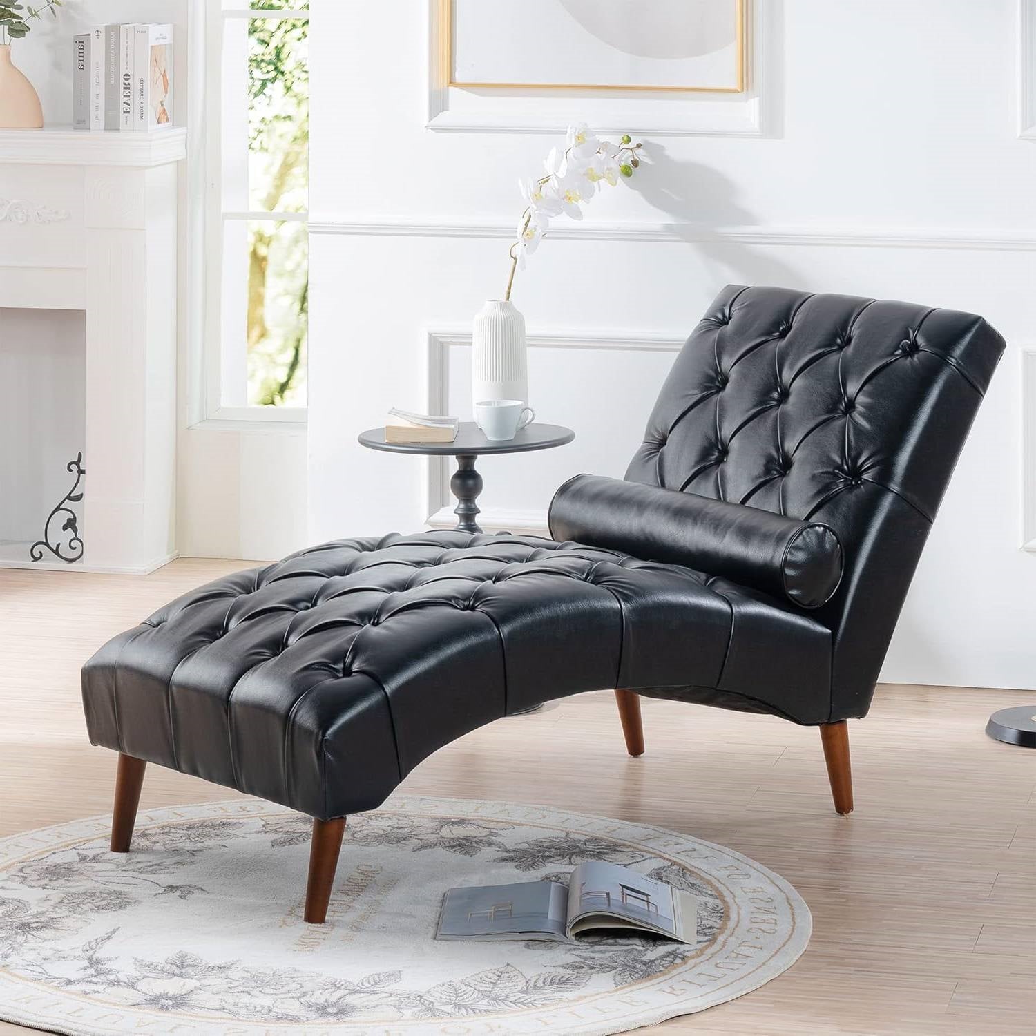 Black Faux Leather Upholstered Armless Chaise Lounge Chair with Lumbar Pillow-1