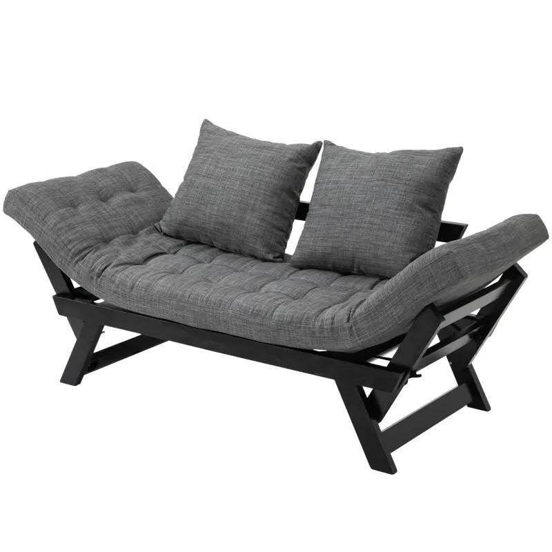 Charcoal/Black 3 In 1 Convertible Sofa Chaise Lounger Bed with 2 Large Pillows - PRHOMZ