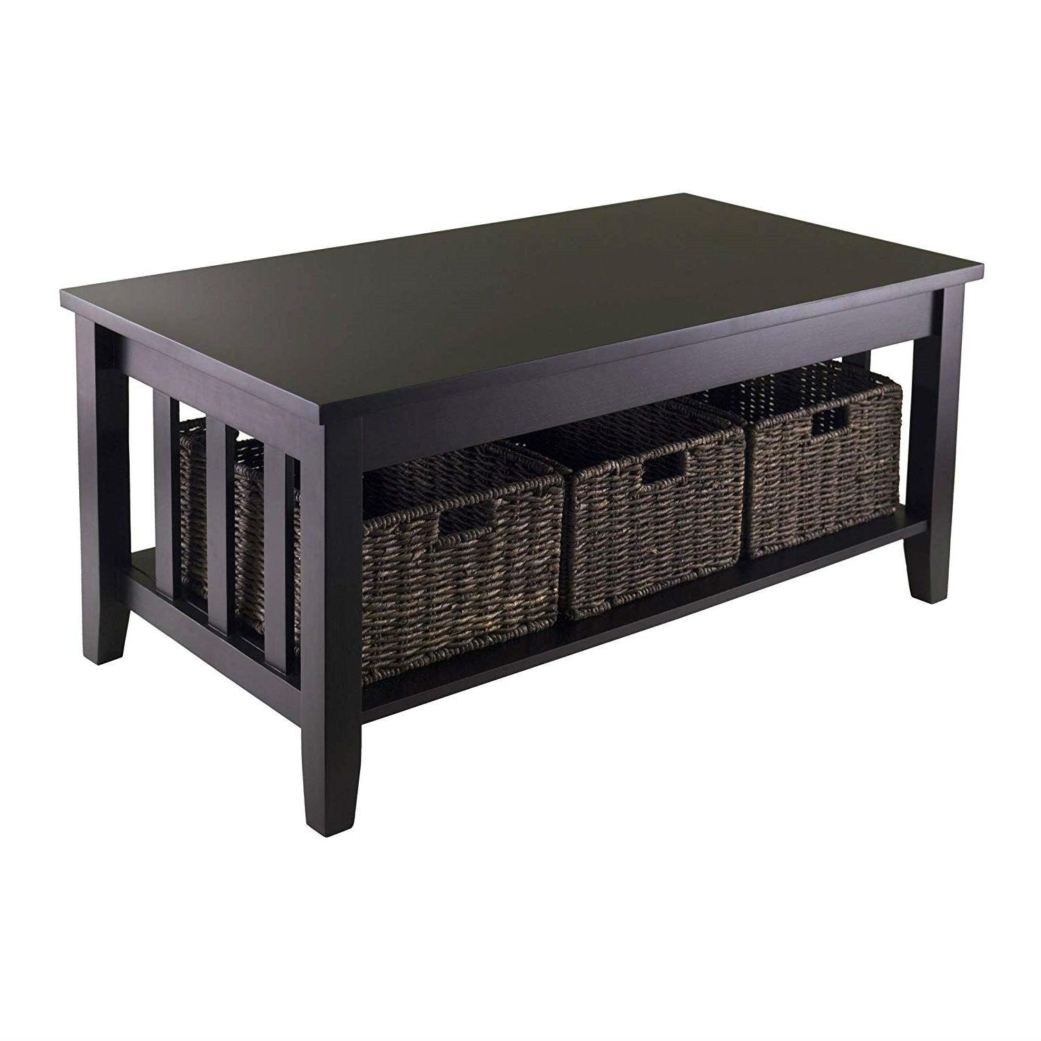 Espresso 2 Tier Coffee Occasional Table with 3 Storage Baskets - PRHOMZ